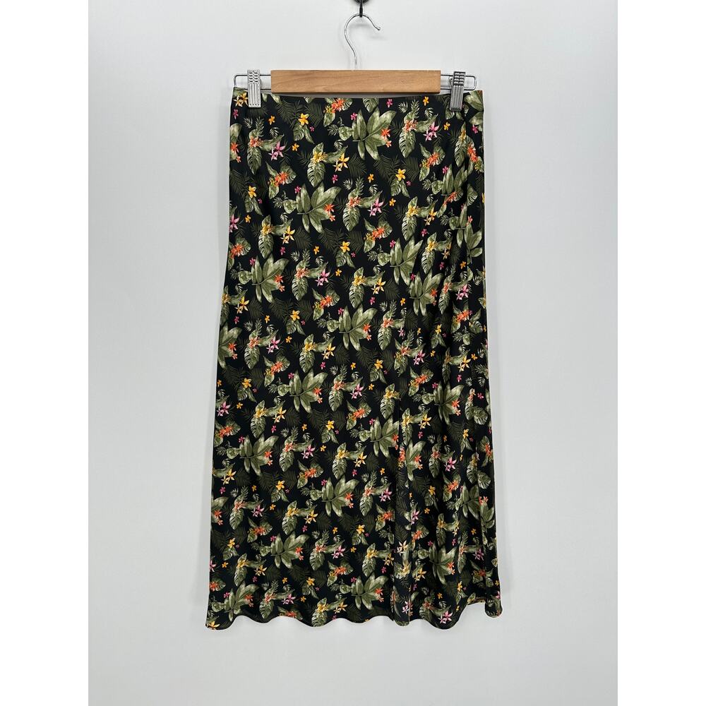 Francescas Women Tropical Satin Slip Midi Skirt Size M Pull On Vaca Resort Beach